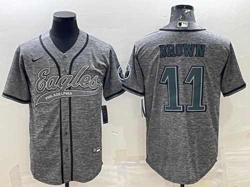 Men%27s Philadelphia Eagles #11 A. J. Brown Gray With Patch Cool Base Stitched Baseball Jersey->philadelphia eagles->NFL Jersey
